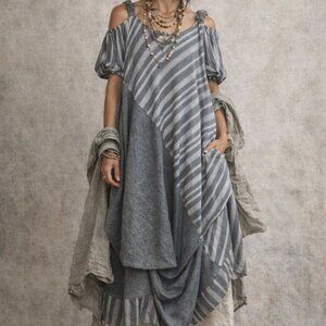 Petya Dimitrova London O/S Gray‎ Striped Langenlook Artsy Art To Wear Dress